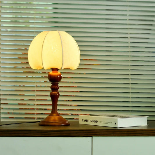 Retro Wooden Table Lamp with Petal Lampshade Warm Light Bedside Desk Lamp Office Bedroom Home Decor