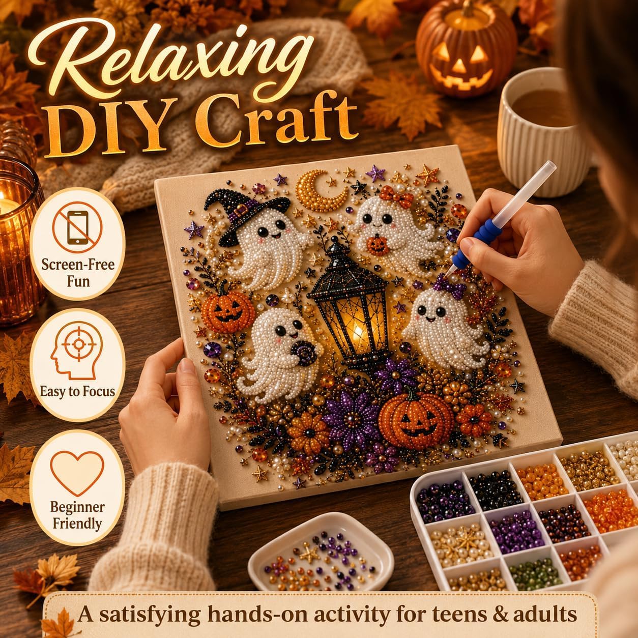 Halloween Diamond Pearl Art Kits for Adults, DIY Pearl Painting Ghost Diamond Spooky Cute 3D Crafts DIY Fall Home Decor Wall Art Handmade Beginner Seasonal Party Gift(Ghost)