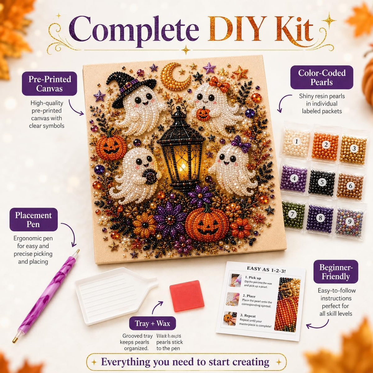 Halloween Diamond Pearl Art Kits for Adults, DIY Pearl Painting Ghost Diamond Spooky Cute 3D Crafts DIY Fall Home Decor Wall Art Handmade Beginner Seasonal Party Gift(Ghost)