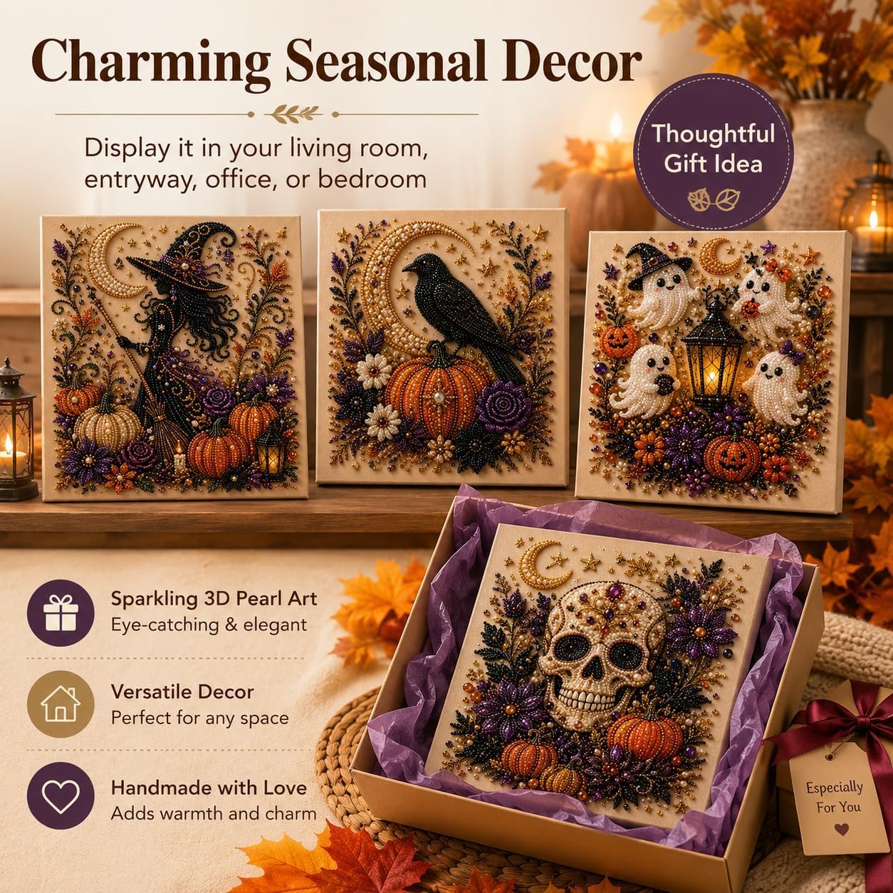 Halloween Diamond Pearl Art Kits for Adults, DIY Pearl Painting Ghost Diamond Spooky Cute 3D Crafts DIY Fall Home Decor Wall Art Handmade Beginner Seasonal Party Gift(Ghost)