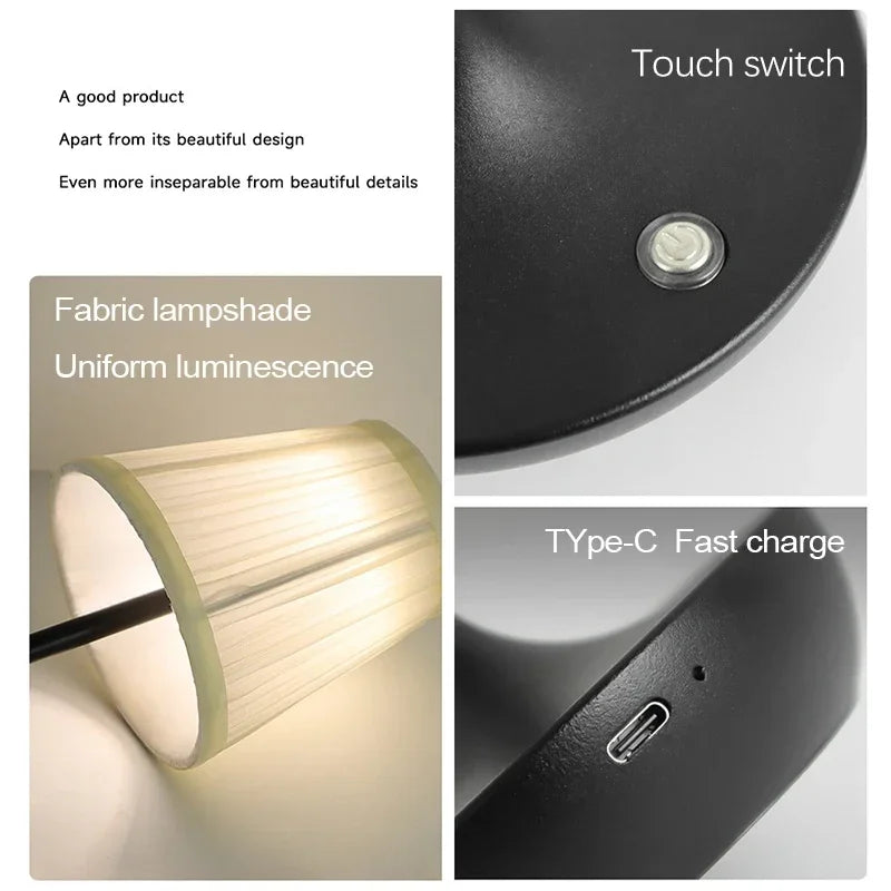 LED Table Lamps Simple Chinese Style Decoration Lamp Dimmable USB Rechargeable Fabric Lampshade Bedroom Bedside Lighting